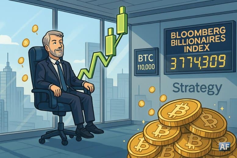 Michael Saylor, confortablement installé dans un bureau vitré, est « hissé » par une grue en chandeliers haussiers tandis que BTC affiche 110 000 $ et que des pièces ₿ s’empilent au premier plan.