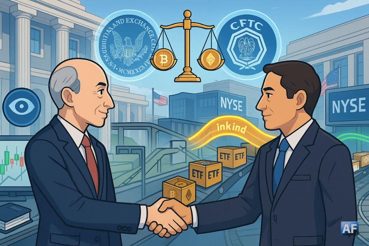 Poignée de main stylisée entre Gary Gensler (SEC) et Rostin Behnam (CFTC) à Washington, logos holographiques, balance BTC/ETH et convoyeur d’ETF vers NYSE/Nasdaq.
