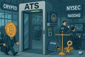 Un portique « ATS » relie symboliquement la crypto aux bourses NYSE/Nasdaq sous l’œil de la SEC, avec balance de justice et mallette « Custody », en style éditorial BD.