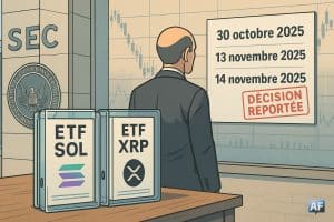 Des classeurs “ETF SOL/XRP/ETH” devant la SEC, un calendrier tamponné “Décision reportée” et la silhouette de Gary Gensler.