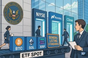 Pipeline d’ETF “spot” vers NYSE / Nasdaq / Cboe, devant le siège de la SEC, avec un panneau “Generic Listing Standards” et des boîtes BTC / ETH / SOL / XRP.