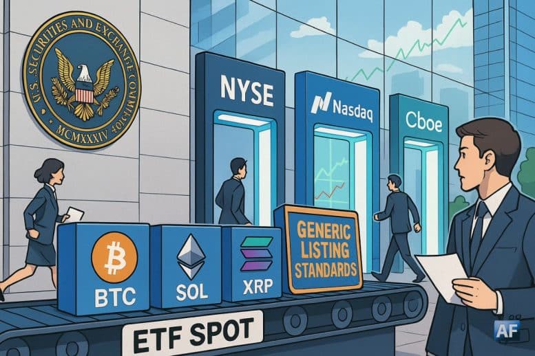 Pipeline d’ETF “spot” vers NYSE / Nasdaq / Cboe, devant le siège de la SEC, avec un panneau “Generic Listing Standards” et des boîtes BTC / ETH / SOL / XRP.