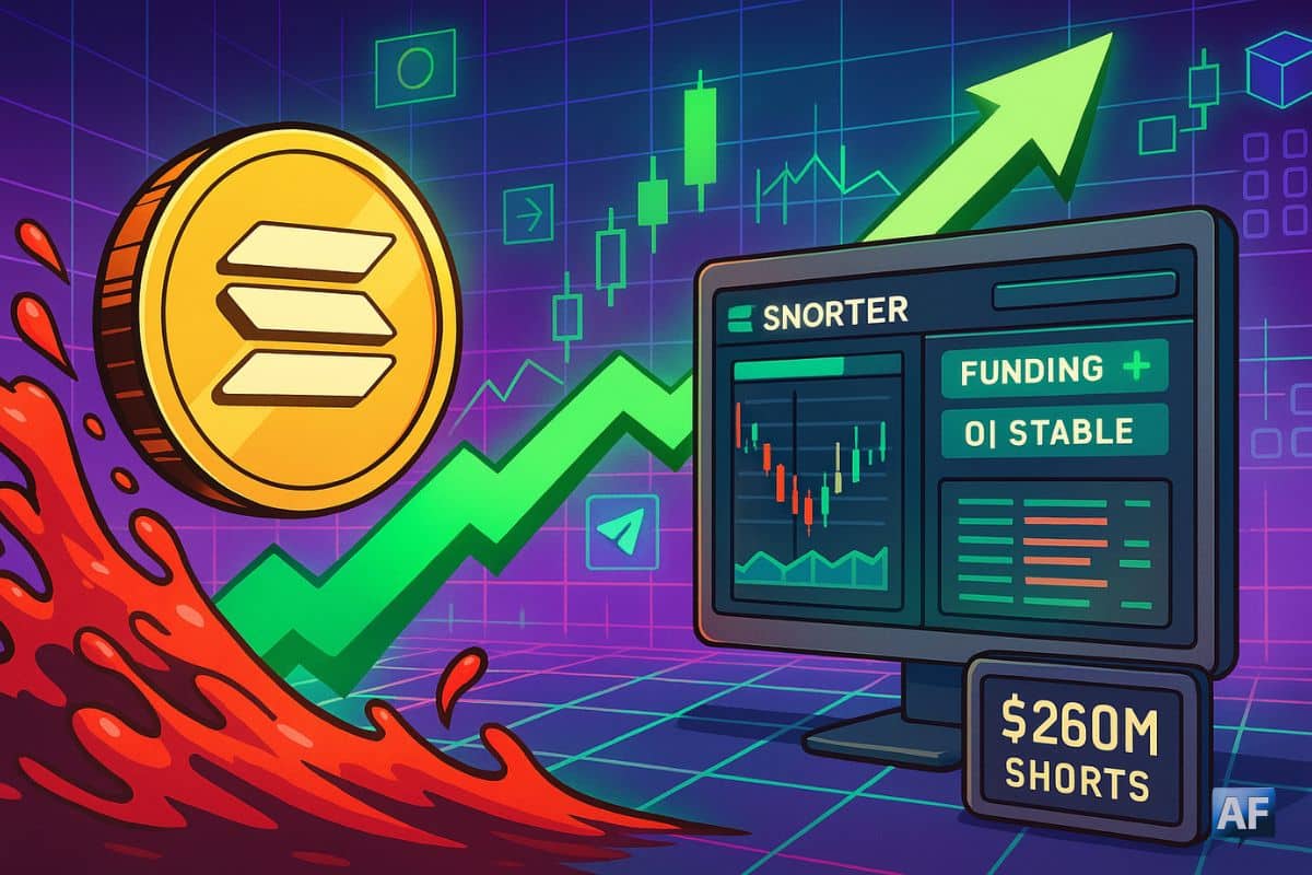 Solana jaillit d’une vague de liquidations — « $260M shorts » — tandis qu’un terminal façon Telegram (Snorter) affiche des perps apaisés (funding +, OI stable) dans un décor néon on-chain.