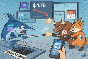 Marlin “SOL” glissant vers une trappe « Deleveraging » tandis qu’un taureau “BTC” et un renard “ETH” tirent la corde, sous des écrans « $1.7B », « OI », « Funding », « CoinGlass » et un calendrier « SEC / ETF »