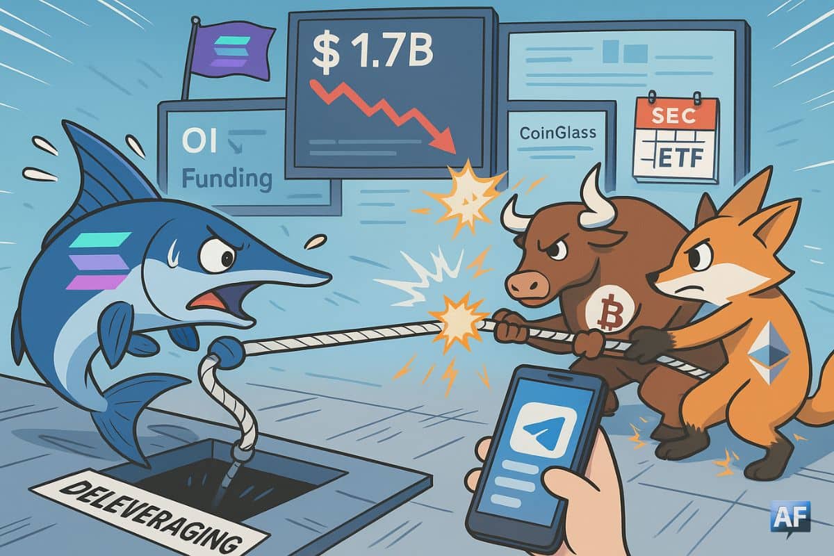 Marlin “SOL” glissant vers une trappe « Deleveraging » tandis qu’un taureau “BTC” et un renard “ETH” tirent la corde, sous des écrans « $1.7B », « OI », « Funding », « CoinGlass » et un calendrier « SEC / ETF »