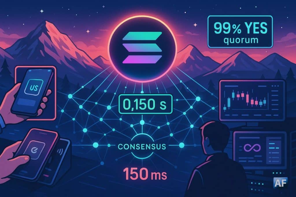 Aube techno sur des montagnes en alpenglow, le logo Solana irradiant un réseau de validateurs vers une finalité « 150 ms », entre paiement tap-to-pay et écrans DeFi/HFT.