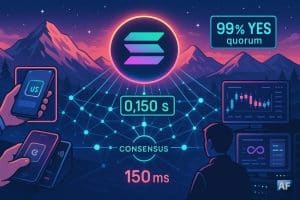Aube techno sur des montagnes en alpenglow, le logo Solana irradiant un réseau de validateurs vers une finalité « 150 ms », entre paiement tap-to-pay et écrans DeFi/HFT.