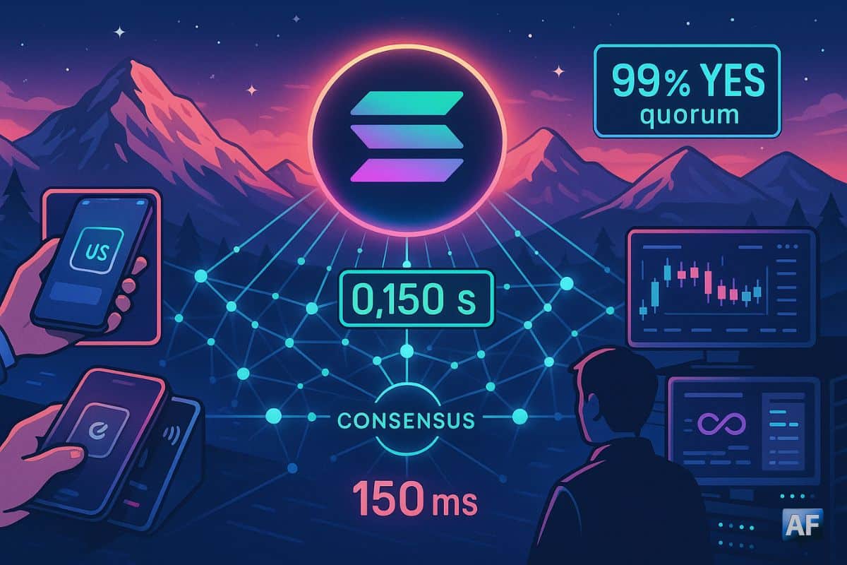 Aube techno sur des montagnes en alpenglow, le logo Solana irradiant un réseau de validateurs vers une finalité « 150 ms », entre paiement tap-to-pay et écrans DeFi/HFT.