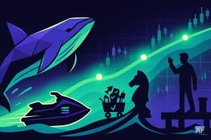 Une baleine polygonale pousse un jet-ski au logo Solana le long d’un ruban haussier néon, tandis qu’un cavalier « smart money » avance avec un chariot d’ordres sous la silhouette d’Anatoly Yakovenko.