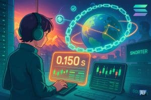 Un(e) ingénieur·e Solana surveille des écrans holographiques “0,150 s” dans une salle serveurs, tandis qu’une chaîne lumineuse ceinture un globe relié à des bourses mondiales, avec lueurs d’aube façon Alpenglow.
