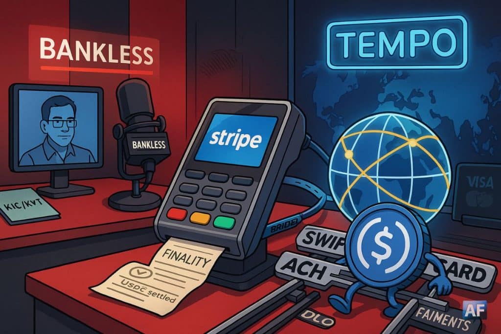 Dans un studio Bankless, un terminal Stripe relie une pièce USDC à un globe “Tempo” tandis que la mascotte USDC grignote les rails SWIFT/ACH/CARD — allégorie des stablecoins qui dévorent les paiements.