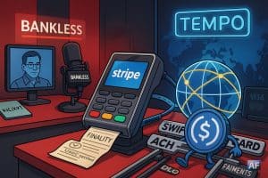 Dans un studio Bankless, un terminal Stripe relie une pièce USDC à un globe “Tempo” tandis que la mascotte USDC grignote les rails SWIFT/ACH/CARD — allégorie des stablecoins qui dévorent les paiements.