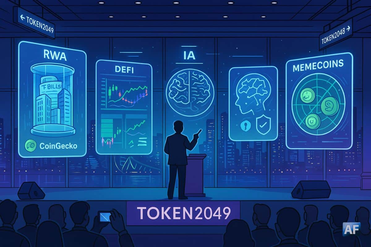 À TOKEN2049, Singapour, un orateur devant des hologrammes “RWA”, “DeFi”, “IA” et “Memecoins”, avec la skyline nocturne en arrière-plan et un public captivé.