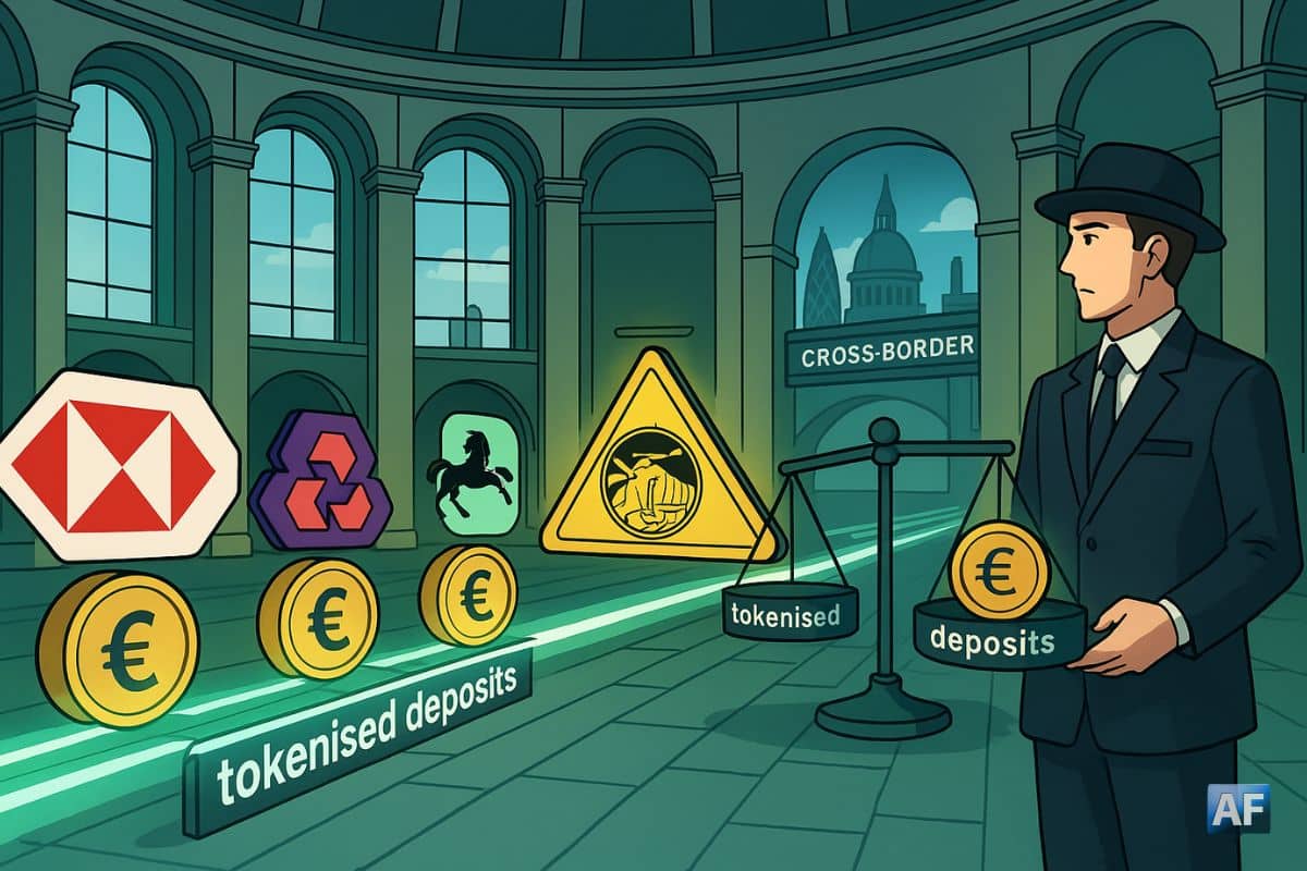 Dans la rotonde stylisée de la Bank of England, des rails lumineux acheminent des £ tokenisés depuis HSBC, NatWest et Lloyds, tandis qu’un panneau BoE avertit et une balance penche vers les dépôts tokenisés.