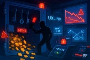Un coffre-fort multisig éventré laisse s’échapper des jetons tandis qu’une silhouette actionne un levier « MINT », déclenchant alarmes rouges, chute des cours et ponts Ethereum-Arbitrum sous surveillance.