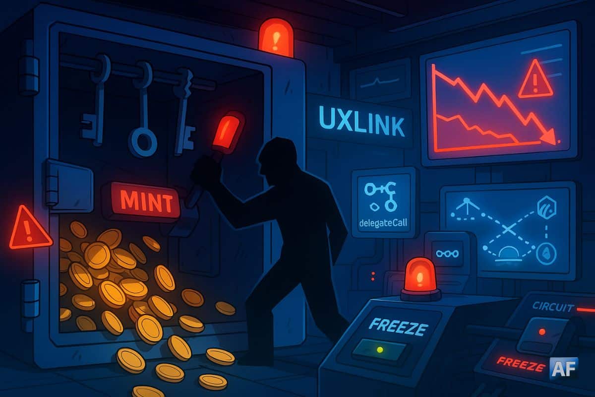 Un coffre-fort multisig éventré laisse s’échapper des jetons tandis qu’une silhouette actionne un levier « MINT », déclenchant alarmes rouges, chute des cours et ponts Ethereum-Arbitrum sous surveillance.