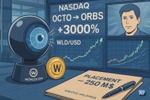 Dans une salle de marché, l’Orb Worldcoin scanne un iris holographique tandis que des écrans Nasdaq affichent « OCTO → ORBS » et « +3000 % », illustrant l’investissement de 250 M$ en WLD.