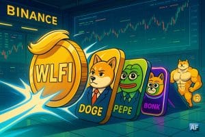 Une immense pièce WLFI dans un hall Binance déclenchant un effet domino lumineux vers DOGE, PEPE, BONK et MAXIDOGE, symbolisant les rotations de liquidité.