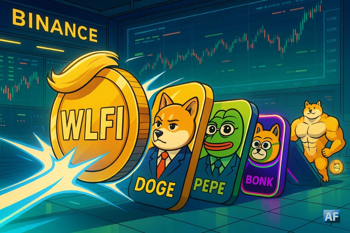 Une immense pièce WLFI dans un hall Binance déclenchant un effet domino lumineux vers DOGE, PEPE, BONK et MAXIDOGE, symbolisant les rotations de liquidité.