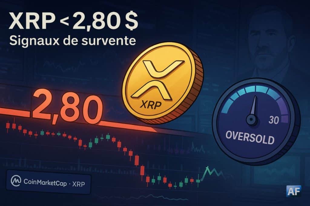 Illustration éditoriale paysage montrant une pièce XRP franchissant à la baisse le seuil « 2,80 $ », un cadran RSI sous 30 et un fond de salle des marchés suggérant une survente.