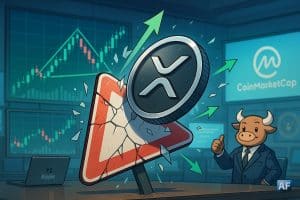 Illustration montrant une grosse pièce XRP fracassant un panneau triangulaire, tandis que des écrans affichent la cassure haussière du triangle dans une salle de marché moderne.