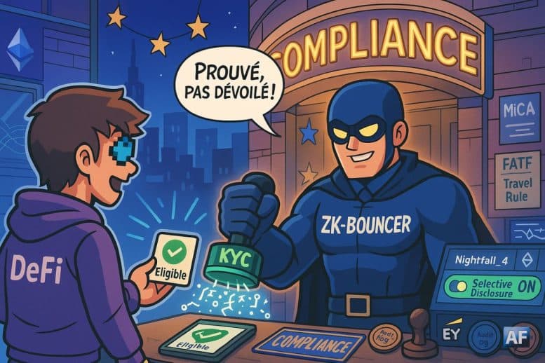 Un « ZK-Bouncer » tamponne « KYC validé » à l’entrée du club néon « Compliance », allégorie BD/manga d’une réconciliation DeFi-régulateurs avec logos discrets (Ethereum, EY, UE).