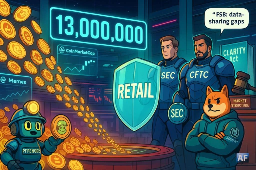 Un compteur holographique « 13 000 000 » domine une arène de marché tandis que des gardes SEC et CFTC protègent le « Retail » d’une marée de memecoins.