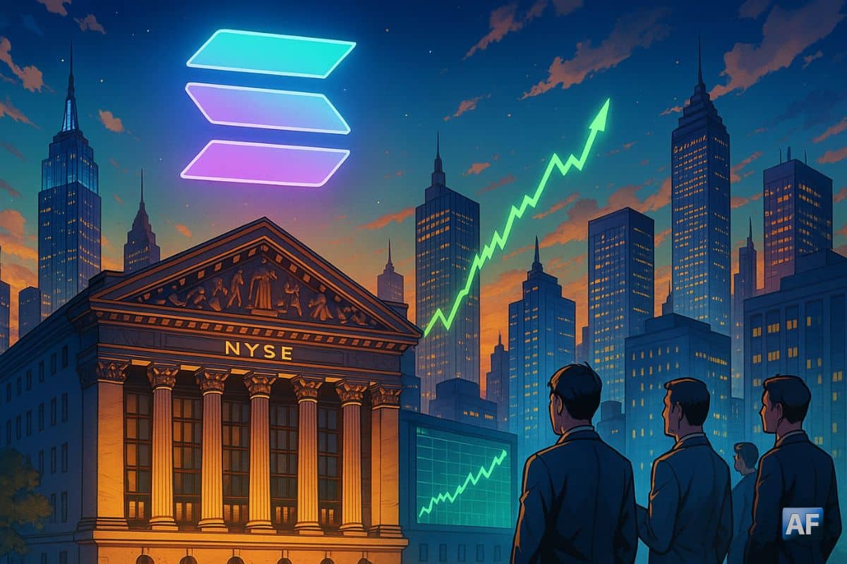 Illustration représentant la montée du token Solana après le lancement de son premier ETF à New York.