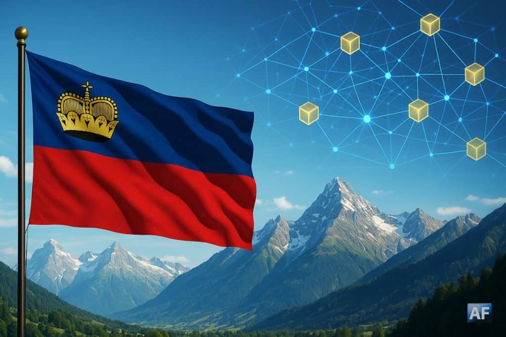 Paysage du Liechtenstein avec drapeau national et motif blockchain symbolisant le réseau LTIN soutenu par l’État.