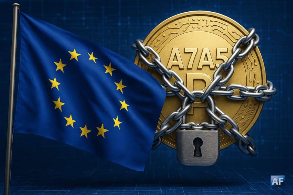 Drapeau de l’Union européenne et pièce crypto symbolisant les sanctions contre la Russie.