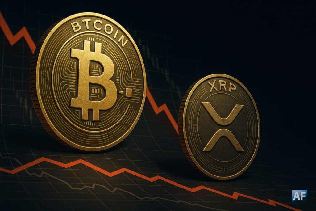 Pièces de Bitcoin et XRP sur fond de graphique en baisse, symbolisant les turbulences du marché des cryptomonnaies.