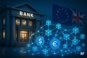 Banque européenne reliée à une blockchain symbolisant le partenariat ClearBank–Circle pour les paiements en stablecoins