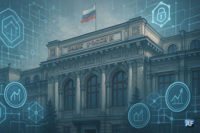 Façade de la Banque centrale russe entourée de symboles blockchain et d’actions tokenisées.