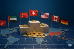 Podium entouré de drapeaux des Émirats arabes unis, de la Suisse, de Singapour, des États-Unis, du Canada, de Hong Kong et de l’Allemagne, symbolisant les pays les plus favorables aux cryptomonnaies en 2025, avec de nombreuses pièces crypto éparpillées sur une carte du monde stylisée évoquant la blockchain.