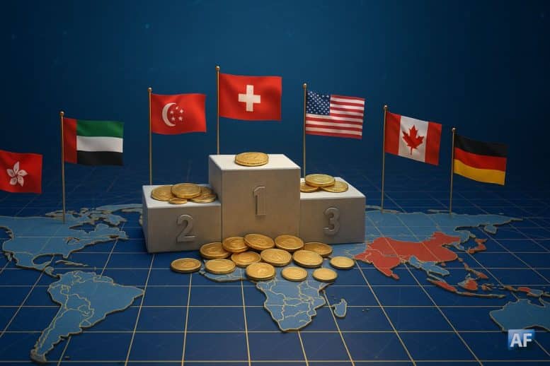 Podium entouré de drapeaux des Émirats arabes unis, de la Suisse, de Singapour, des États-Unis, du Canada, de Hong Kong et de l’Allemagne, symbolisant les pays les plus favorables aux cryptomonnaies en 2025, avec de nombreuses pièces crypto éparpillées sur une carte du monde stylisée évoquant la blockchain.