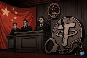 Illustration d’un tribunal chinois symbolisant la condamnation de cinq personnes pour des transactions en USDT interdites.
