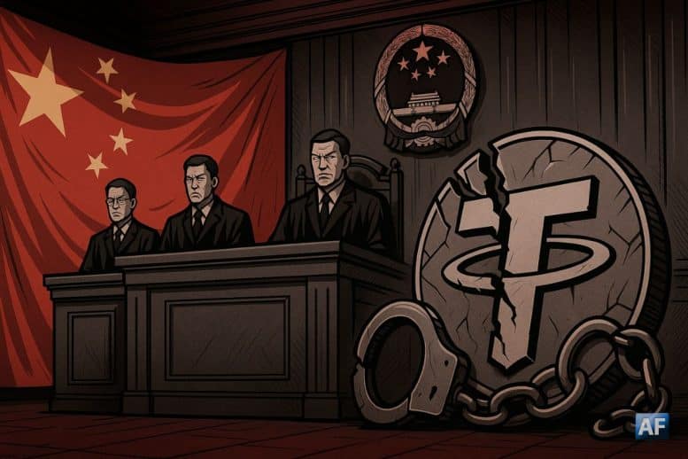 Illustration d’un tribunal chinois symbolisant la condamnation de cinq personnes pour des transactions en USDT interdites.