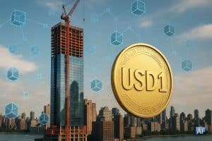 Gratte-ciel en construction à New York symbolisant la tokenisation immobilière de World Liberty Financial et son stablecoin USD1.