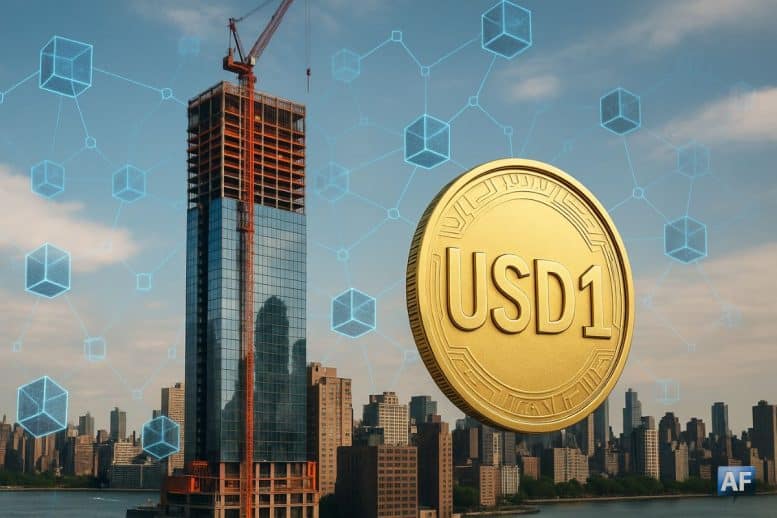Gratte-ciel en construction à New York symbolisant la tokenisation immobilière de World Liberty Financial et son stablecoin USD1.