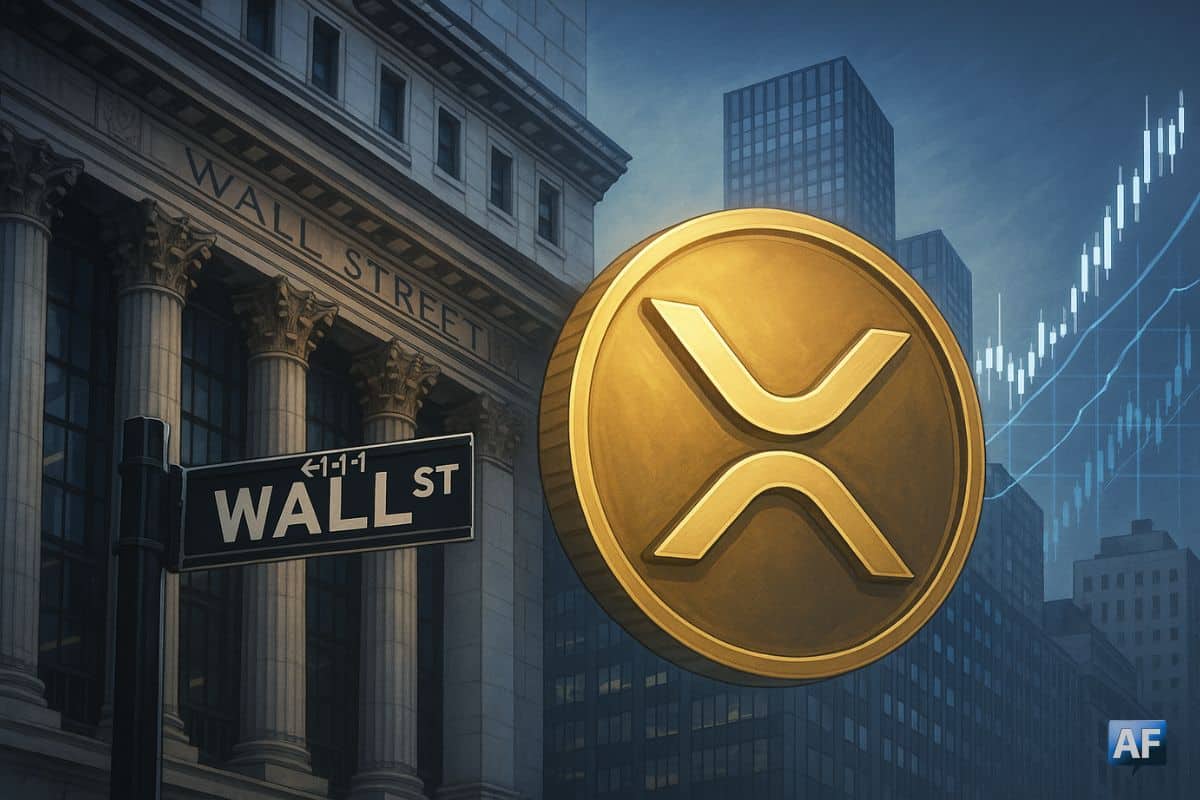 Logo XRP devant Wall Street, symbole de l’arrivée possible d’un ETF XRP aux États-Unis.