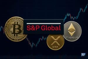 Logo de S&P Global entouré des logos Bitcoin, Ethereum et XRP sur fond de graphique boursier.