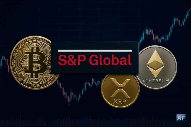 Logo de S&P Global entouré des logos Bitcoin, Ethereum et XRP sur fond de graphique boursier.
