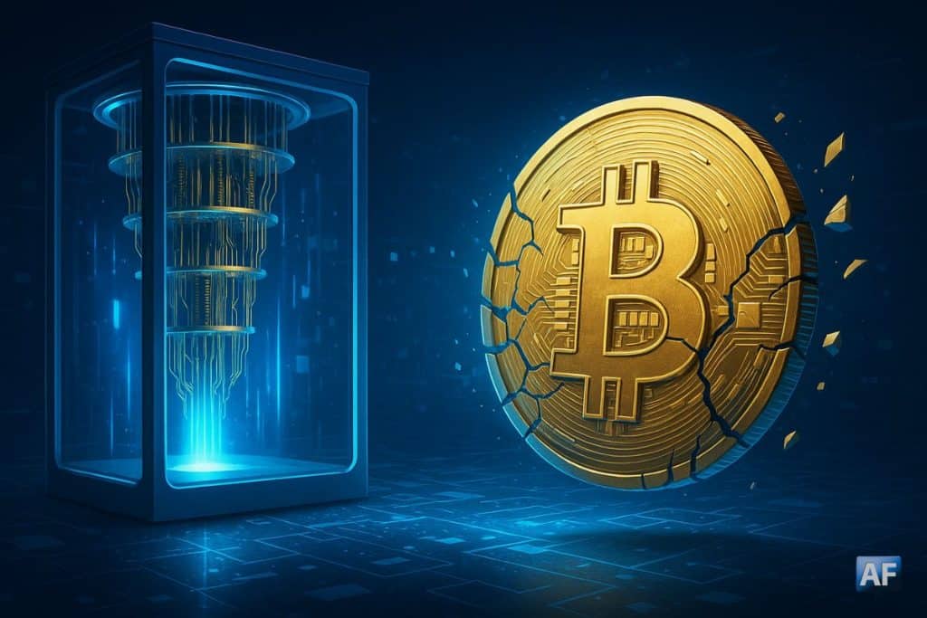 Illustration d’un ordinateur quantique futuriste face à une pièce Bitcoin, symbolisant la résistance du réseau face aux menaces quantiques.