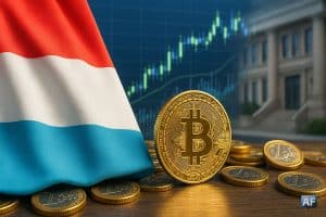 Drapeau du Luxembourg accompagné d’un Bitcoin doré et de symboles financiers européens, illustrant l’investissement du fonds souverain dans un ETF Bitcoin.