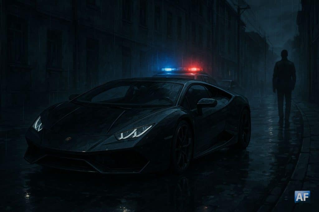 Voiture de sport noire entourée de police dans une rue sombre de Kiev, illustrant la mort du trader ukrainien Konstantin Galich après le krach des cryptomonnaies.