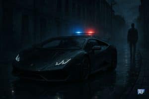 Voiture de sport noire entourée de police dans une rue sombre de Kiev, illustrant la mort du trader ukrainien Konstantin Galich après le krach des cryptomonnaies.
