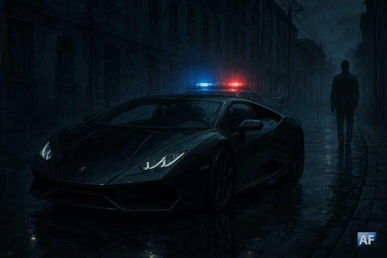 Voiture de sport noire entourée de police dans une rue sombre de Kiev, illustrant la mort du trader ukrainien Konstantin Galich après le krach des cryptomonnaies.