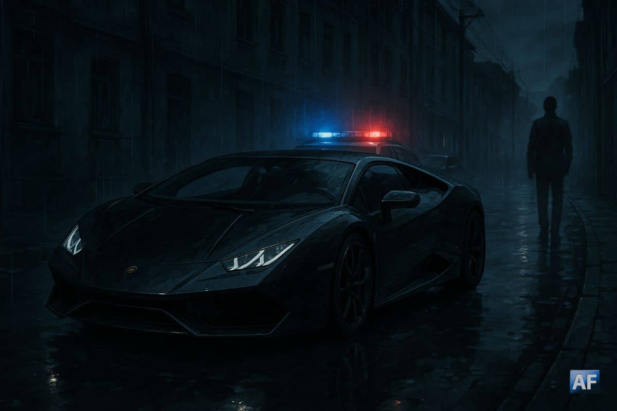 Voiture de sport noire entourée de police dans une rue sombre de Kiev, illustrant la mort du trader ukrainien Konstantin Galich après le krach des cryptomonnaies.