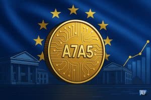 Drapeau de l’Union européenne en arrière-plan et pièce numérique symbolisant le stablecoin A7A5, représentant la régulation des cryptomonnaies en Europe.