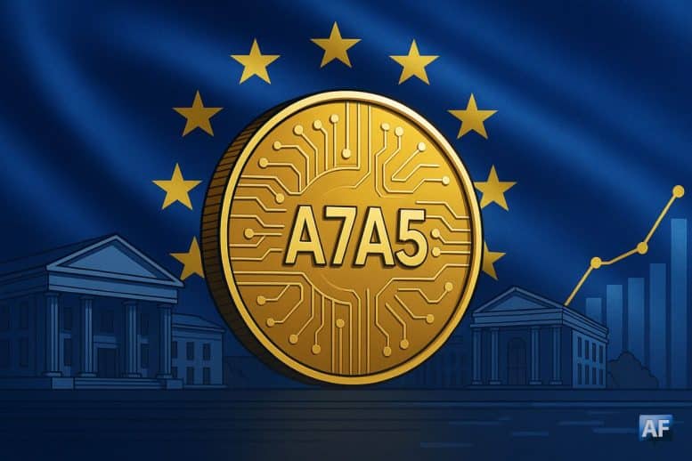 Drapeau de l’Union européenne en arrière-plan et pièce numérique symbolisant le stablecoin A7A5, représentant la régulation des cryptomonnaies en Europe.